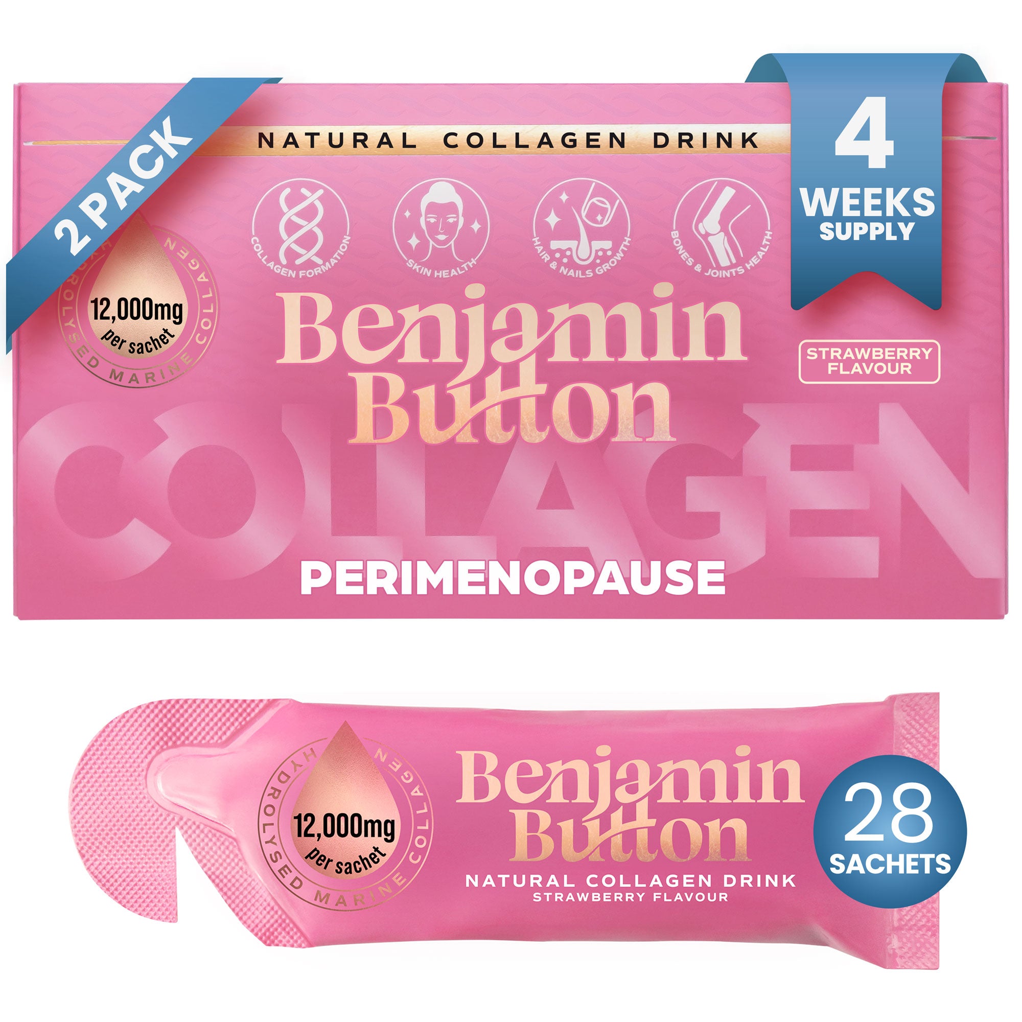 Sachets de colágeno para perimenopausia sabor fresa – paquete de 14 (suministro para 2 semanas) – 12,000 mg de colágeno marino con sauzgatillo, vitaminas y ácido hialurónico