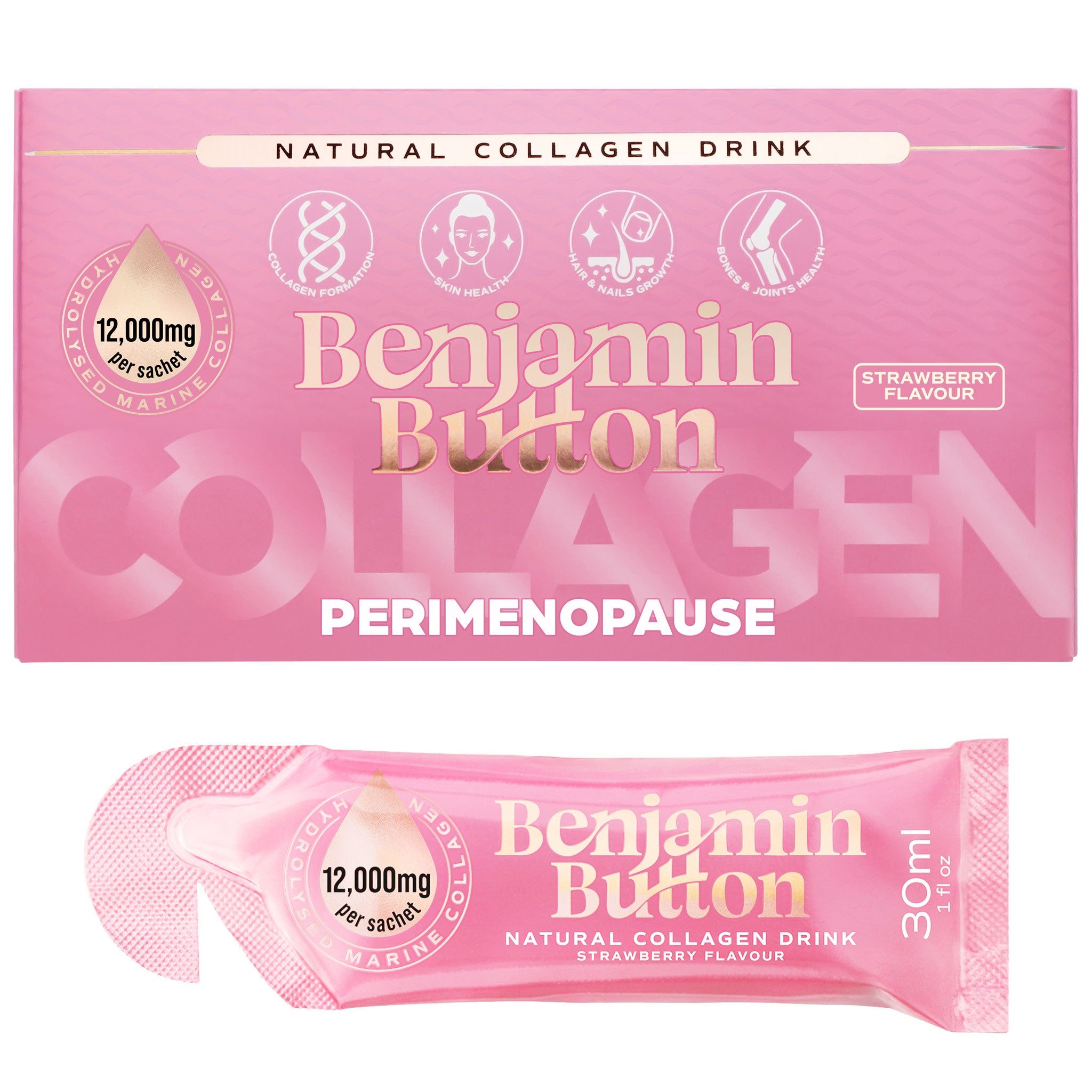 Sachets de colágeno para perimenopausia sabor fresa – paquete de 14 (suministro para 2 semanas) – 12,000 mg de colágeno marino con sauzgatillo, vitaminas y ácido hialurónico