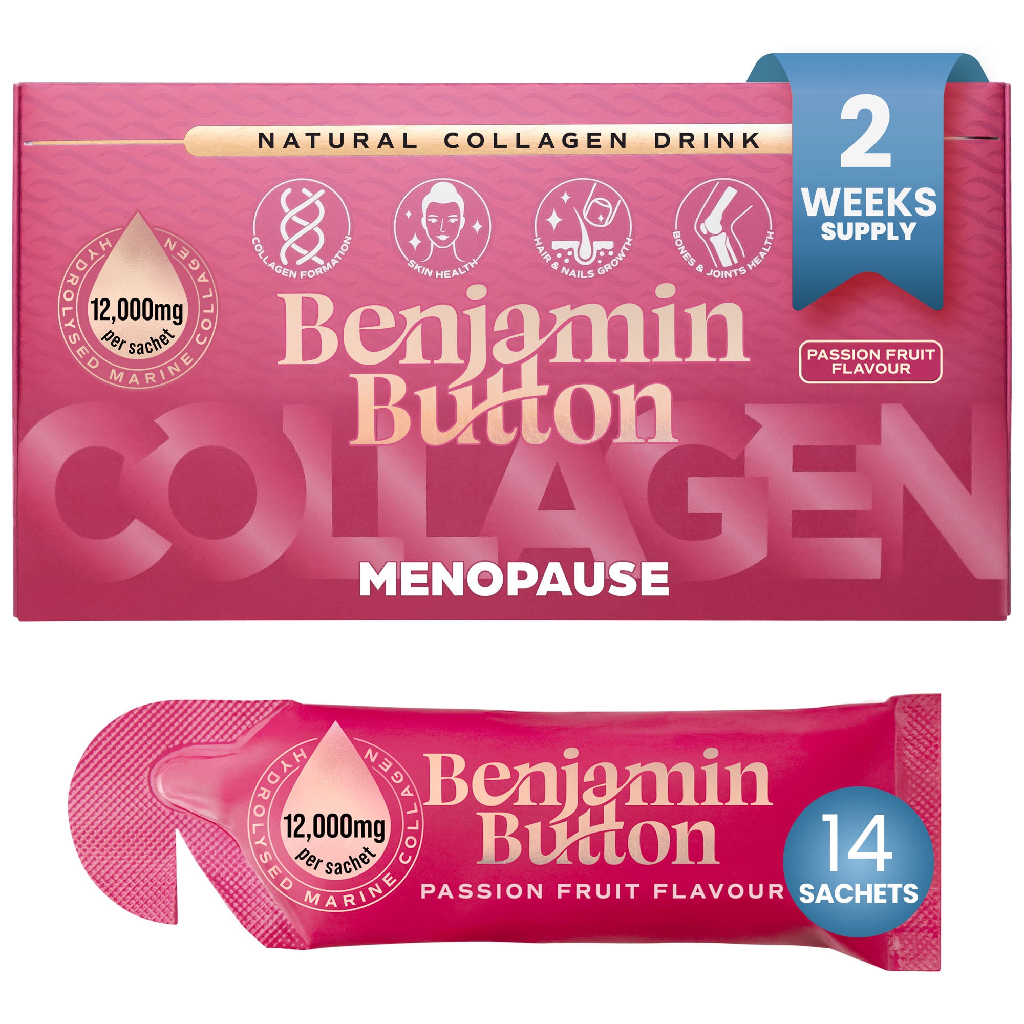 Menopause Collagen Passionfruit Sachets – 14 Pack (2 Weeks Supply) – 12,000mg Marine Collagen with Red Clover, Vitamins & Maca