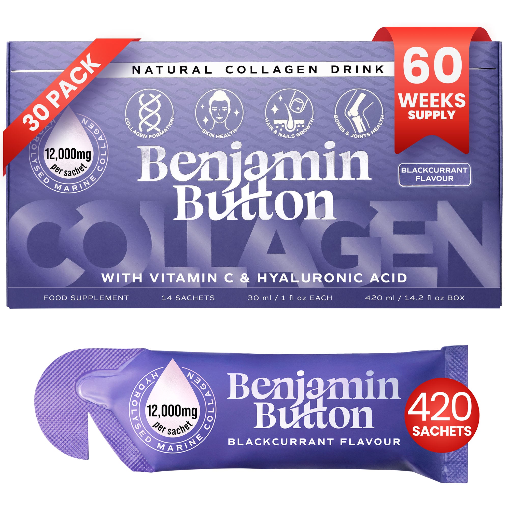 420x Sachets Líquidos de Colágeno Marino de Grosella Negra 12,000mg