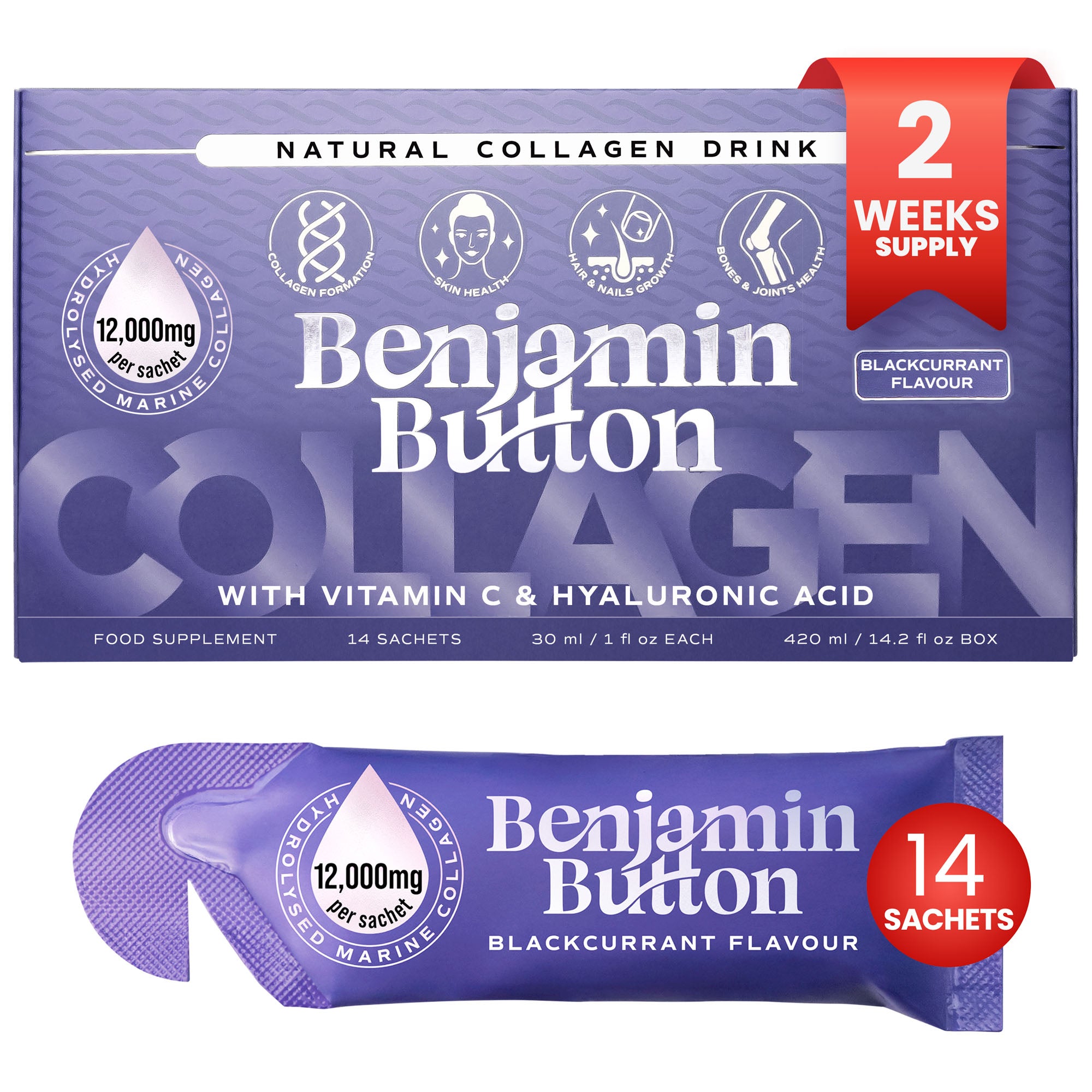 14x Sachets Líquidos de Colágeno Marino de Grosella Negra 12,000mg