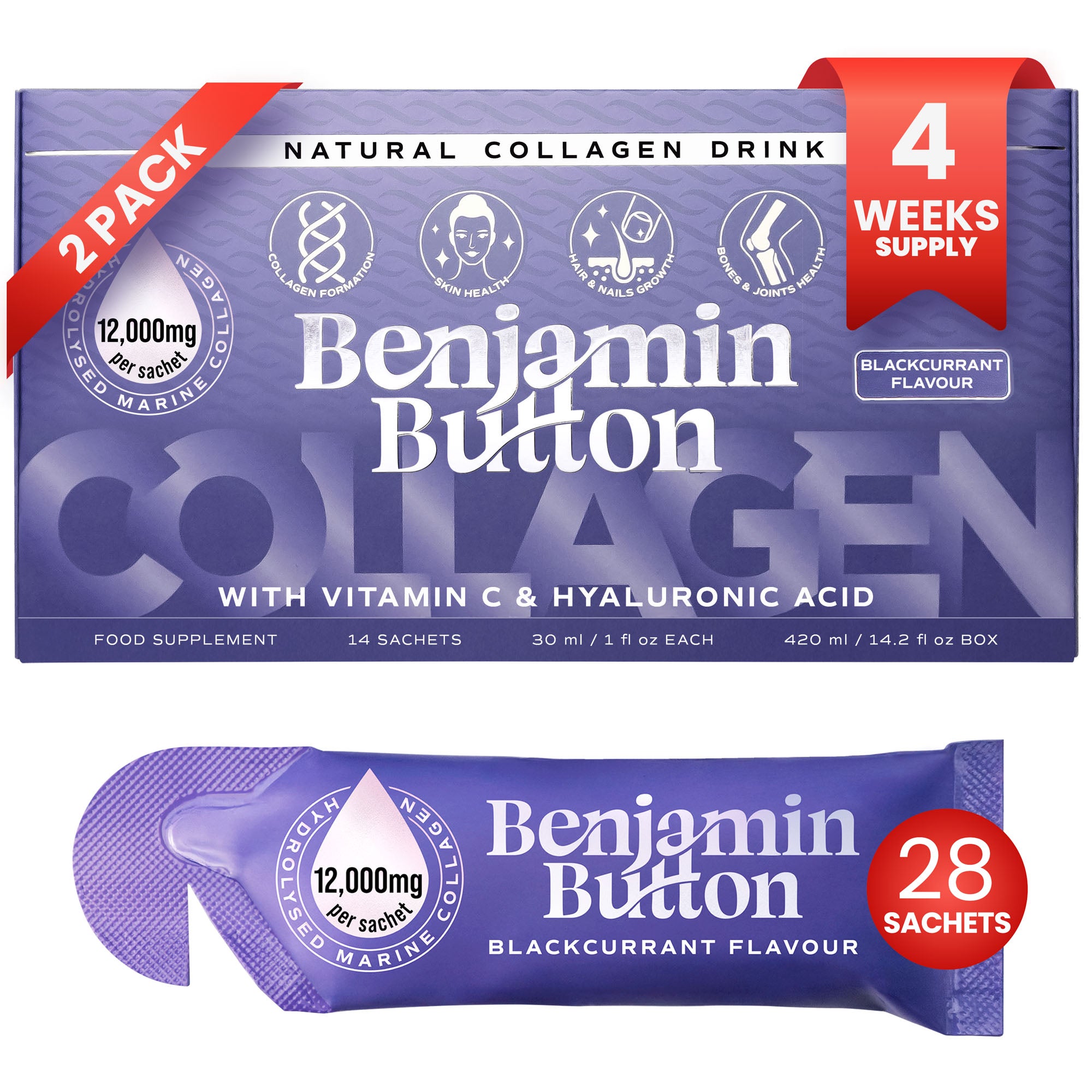 28x Sachets Líquidos de Colágeno Marino de Grosella Negra 12,000mg