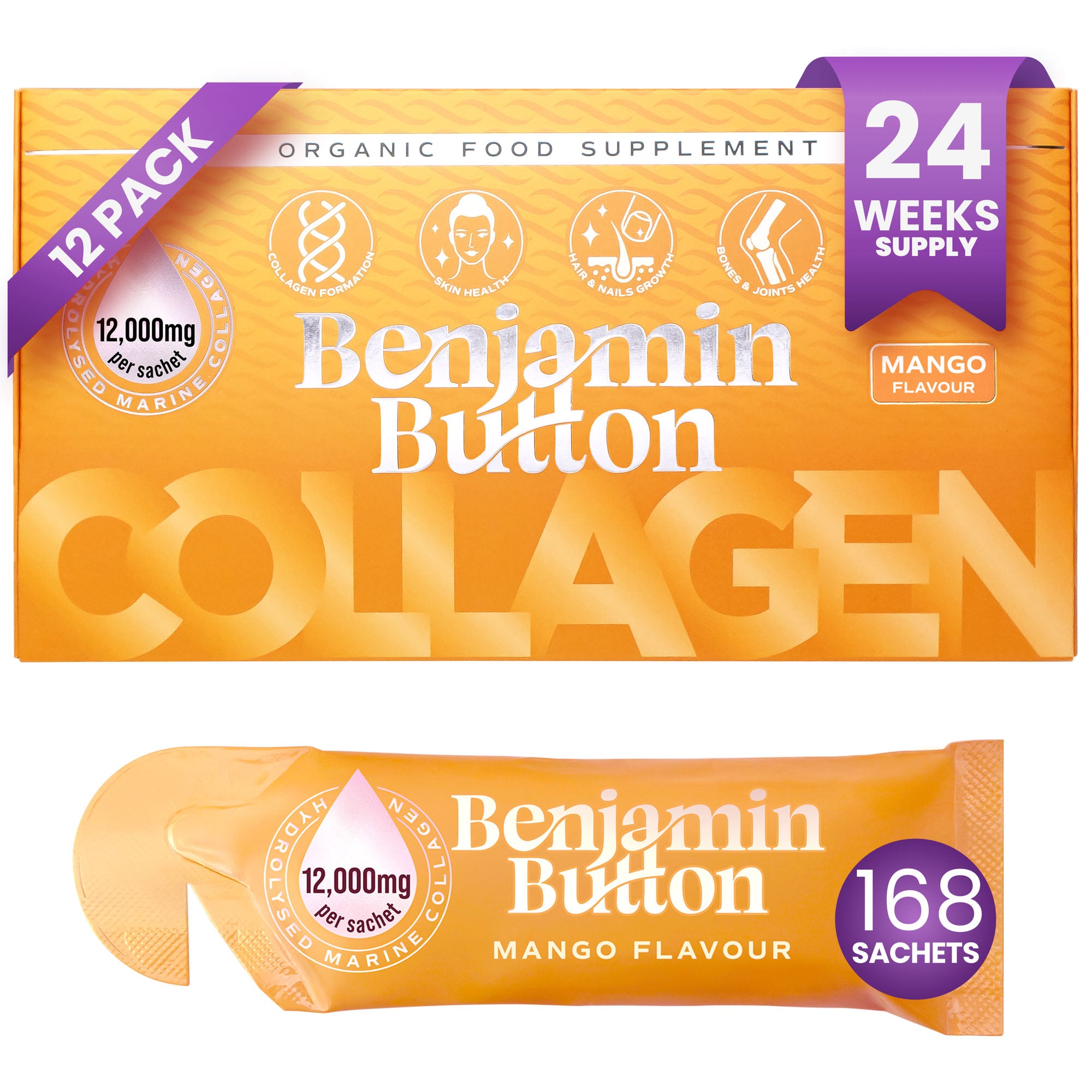 168x Mango 12,000mg Marin Kollagen Flytande Påsar