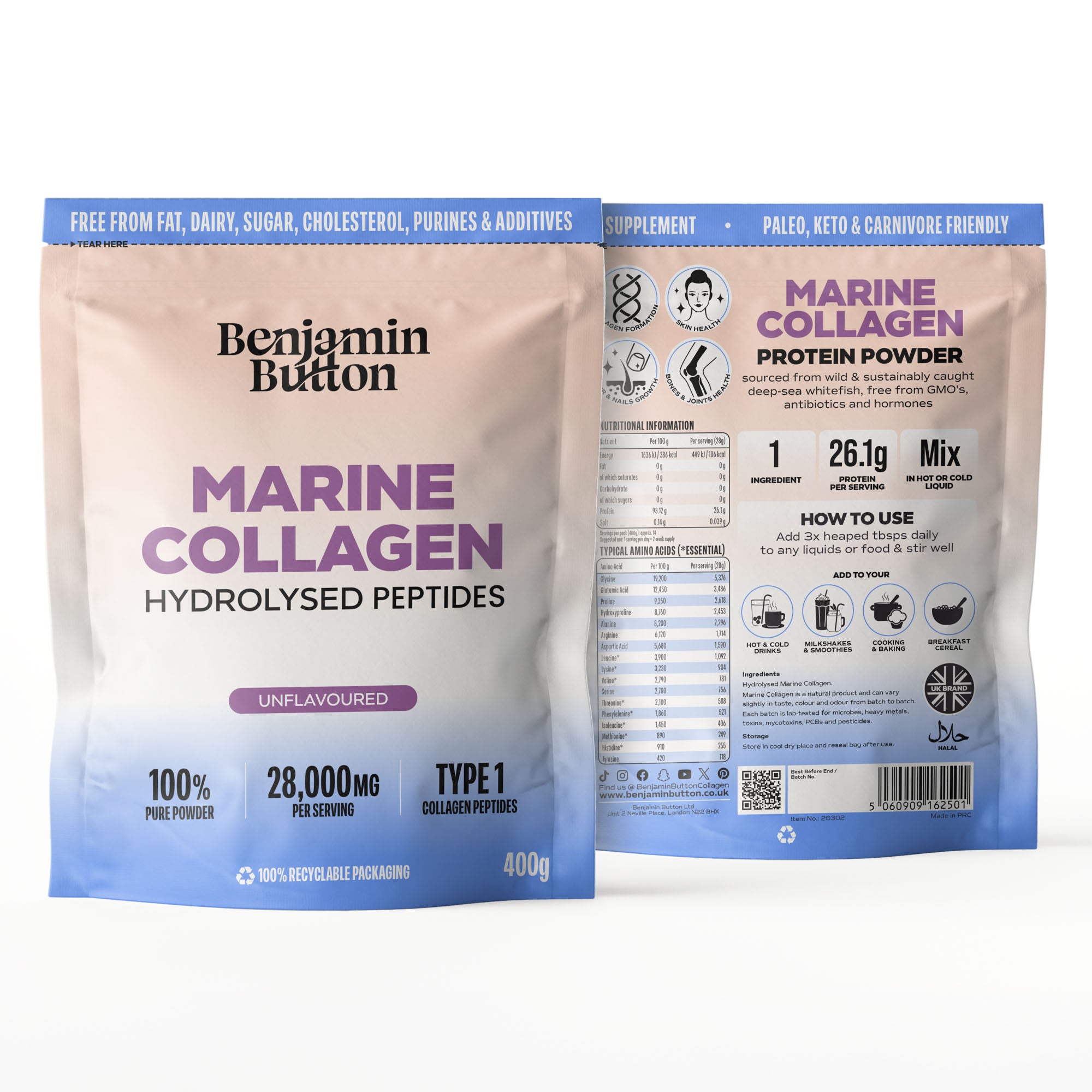 Marine Collagen Powder – 93% Protein, Wild-Caught, 400g Unflavoured | Benjamin Button
