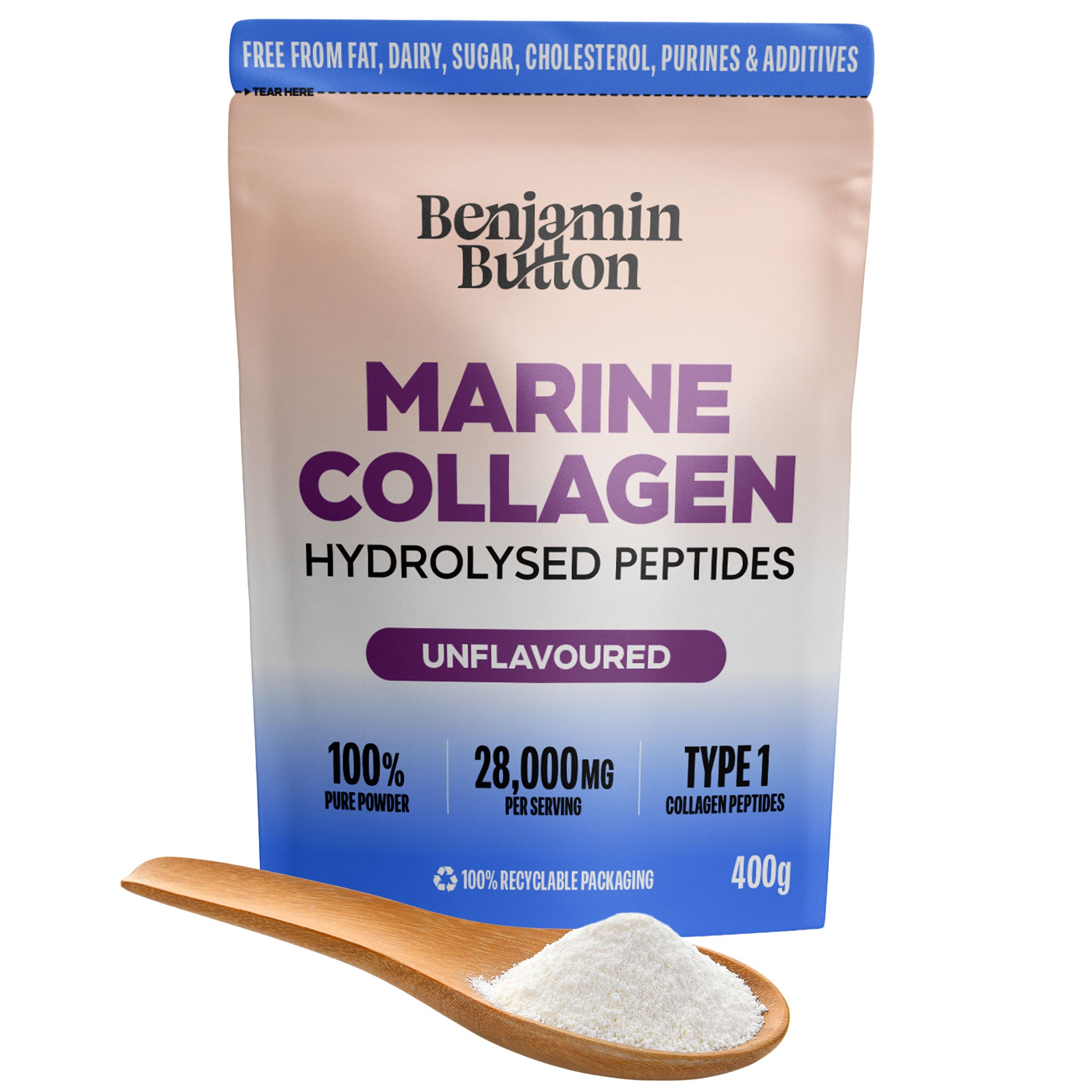 Polvo de Colágeno Marino – 93% Proteína, Capturado en Estado Salvaje, 400g Sin Sabor | Benjamin Button