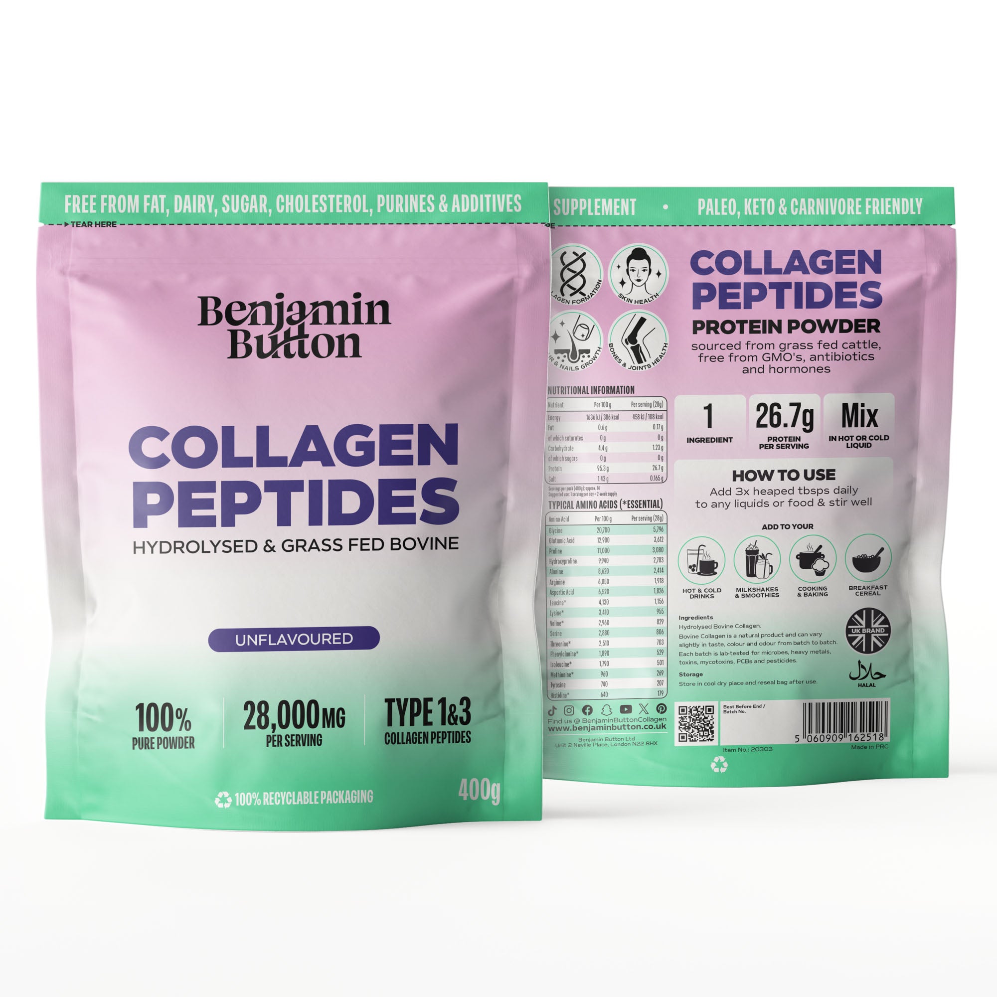 Bovine Collagen Powder - 95% Protein, 400g Unflavoured | Benjamin Button