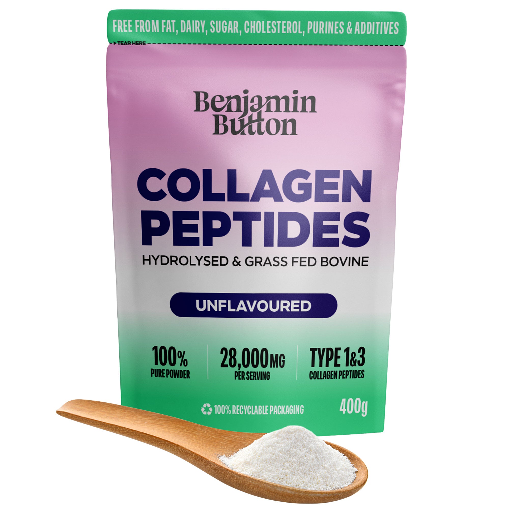 Polvo de colágeno bovino - 95% proteína, 400g sin sabor | Benjamin Button