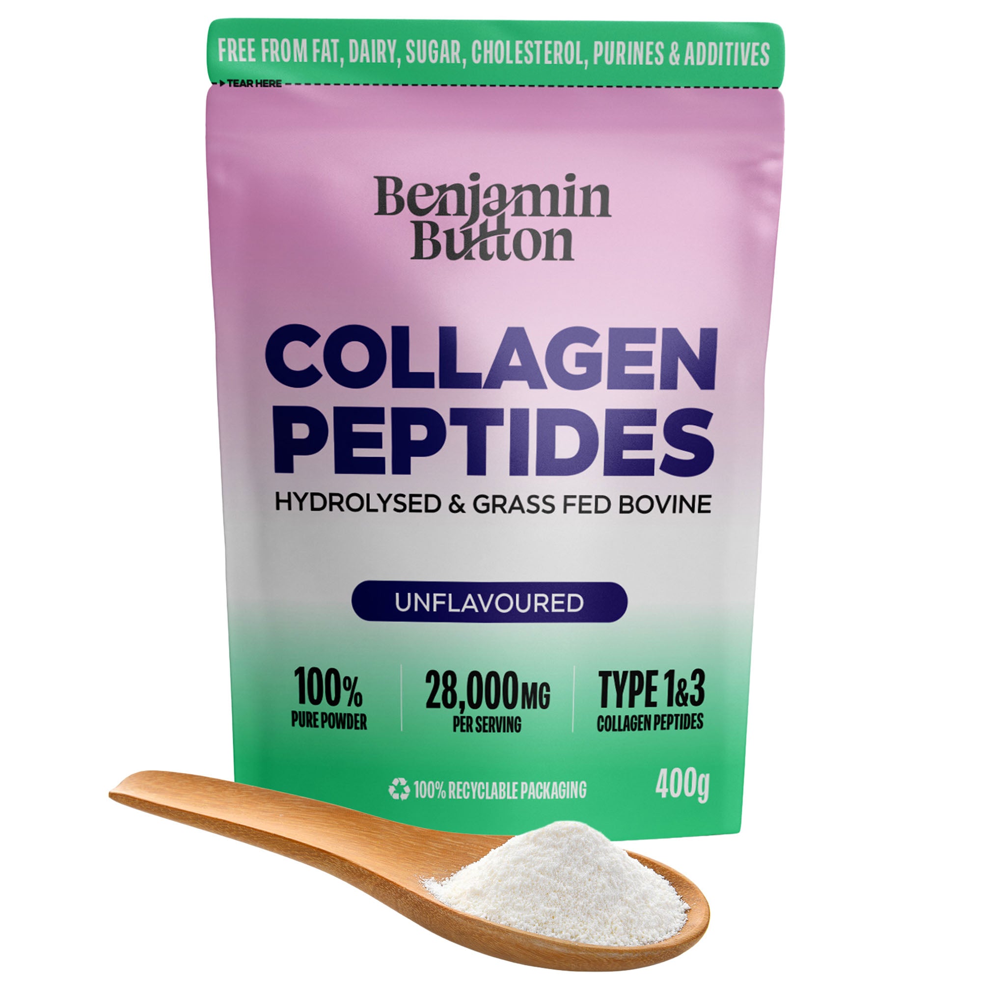 Bovine Collagen Powder - 95% Protein, 400g Unflavoured | Benjamin Button