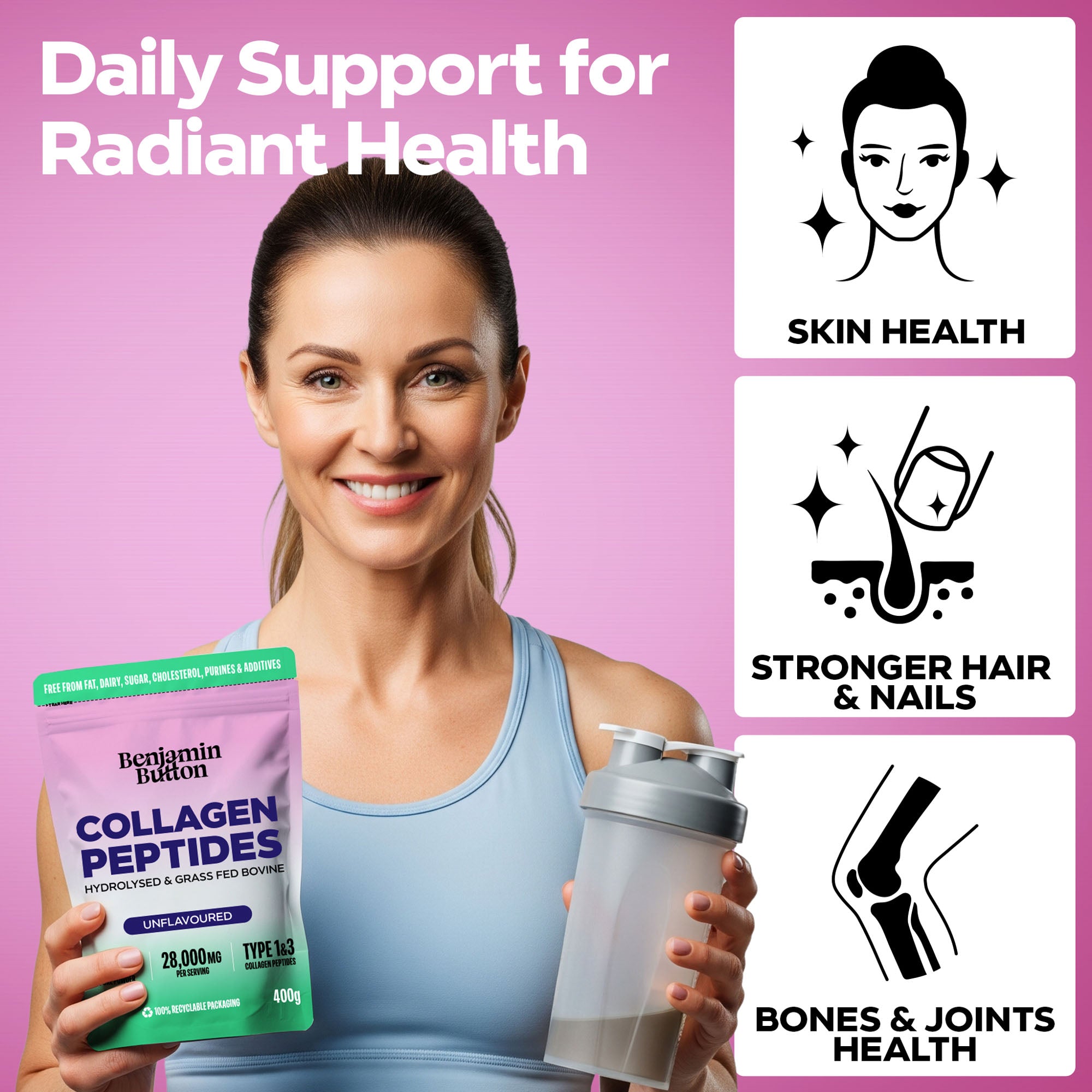 Bovine Collagen Powder - 95% Protein, 400g Unflavoured | Benjamin Button