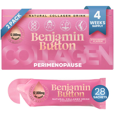 Perimenopaus Kollagen Jordgubbspåsar – 14-pack (2 veckors förbrukning) – 12 000 mg marint kollagen med Munkkörsbär, vitaminer och hyaluronsyra