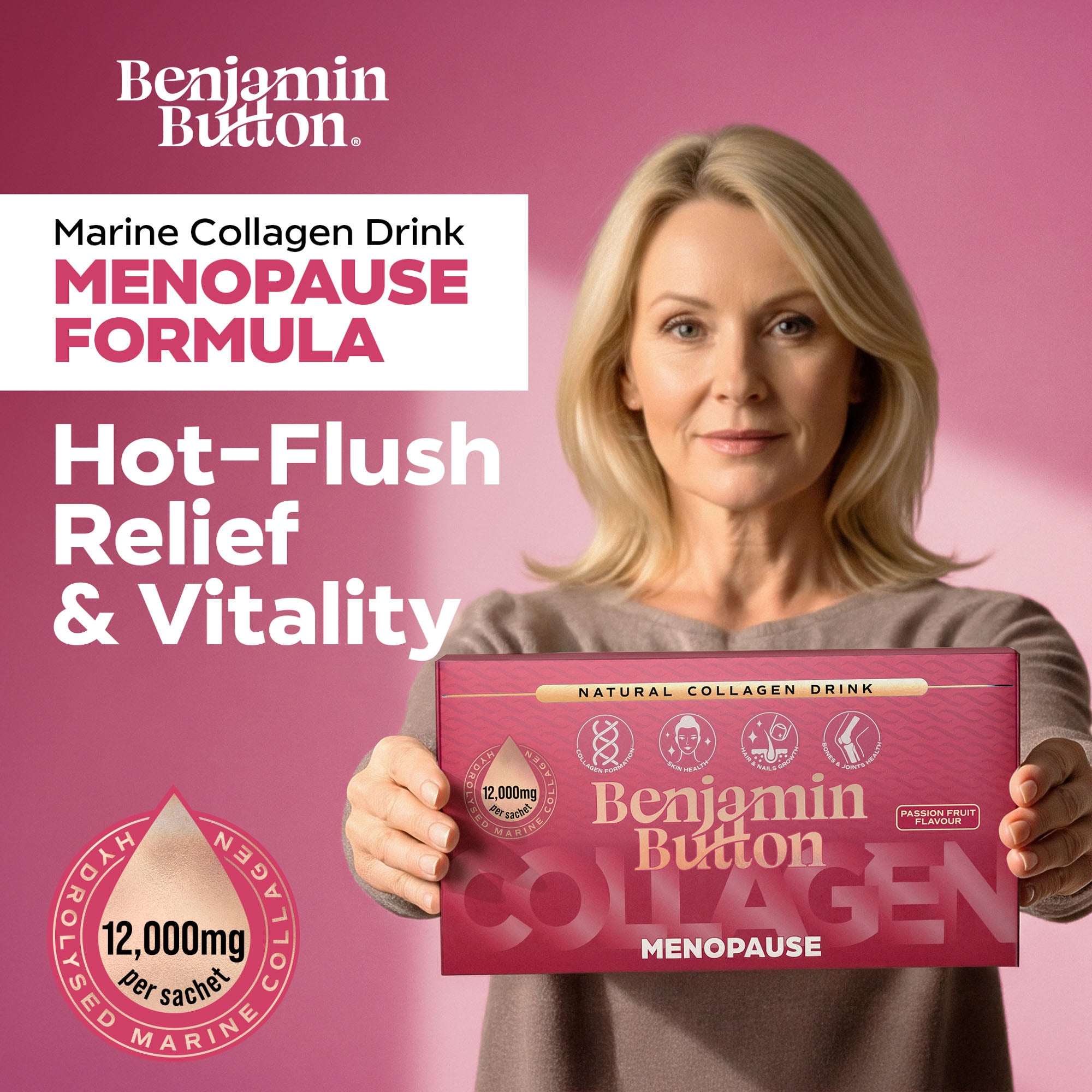 Menopause Collagen Passionfruit Sachets – 14 Pack (2 Weeks Supply) – 12,000mg Marine Collagen with Red Clover, Vitamins & Maca